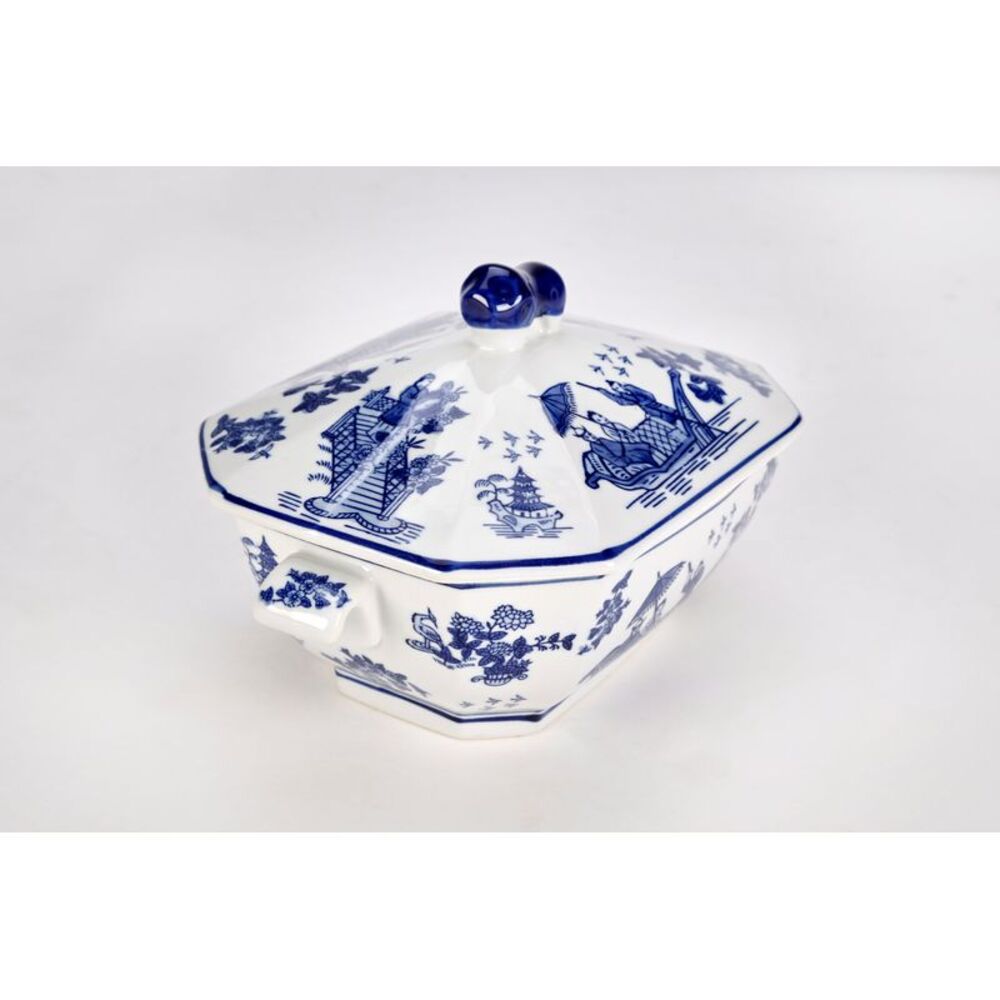 AAI Lidded Porcelain Tureen, Blue and White Pagoda Design